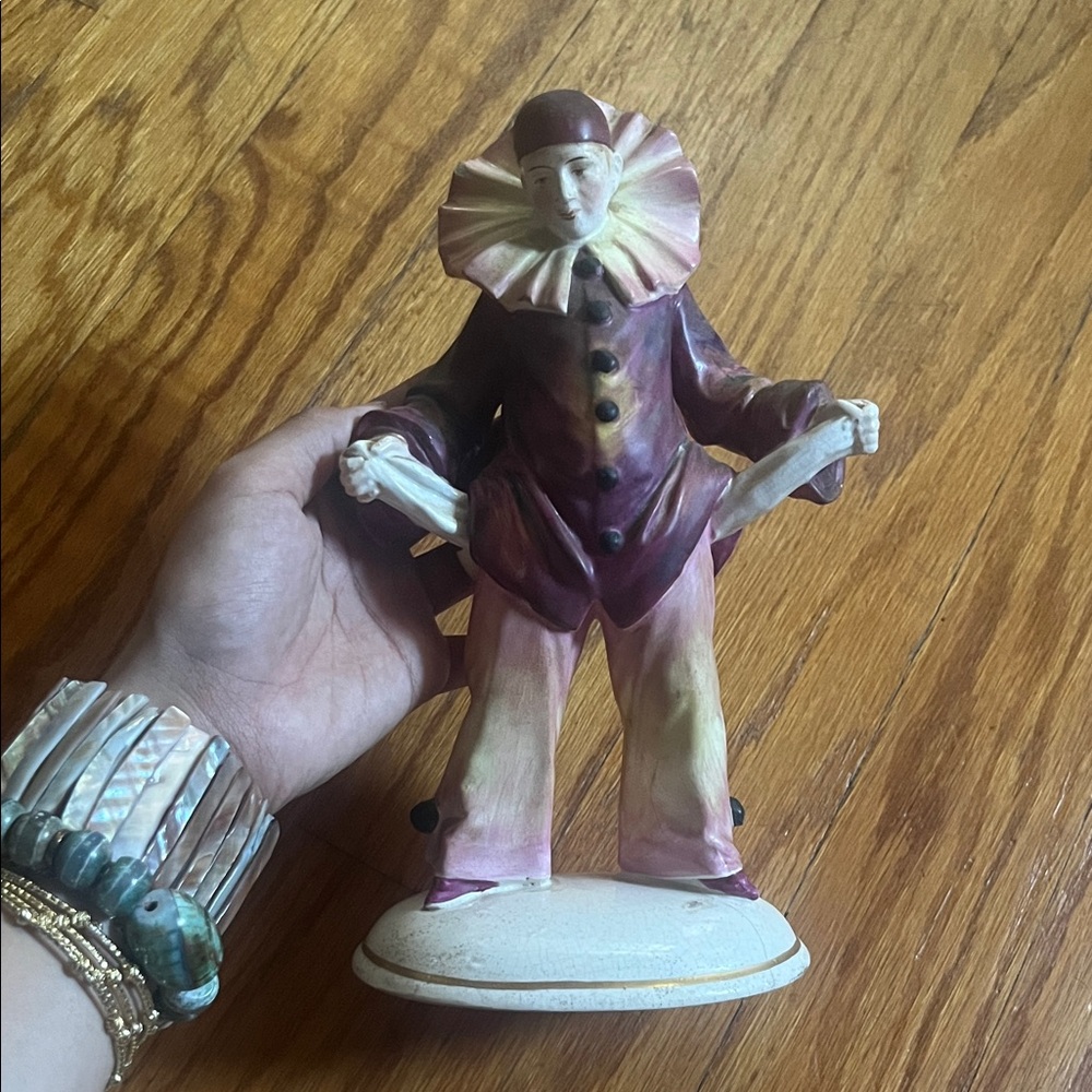 Hand-Painted Pierrot Clown Figurine in Purple and Cream - Decorative Home Art